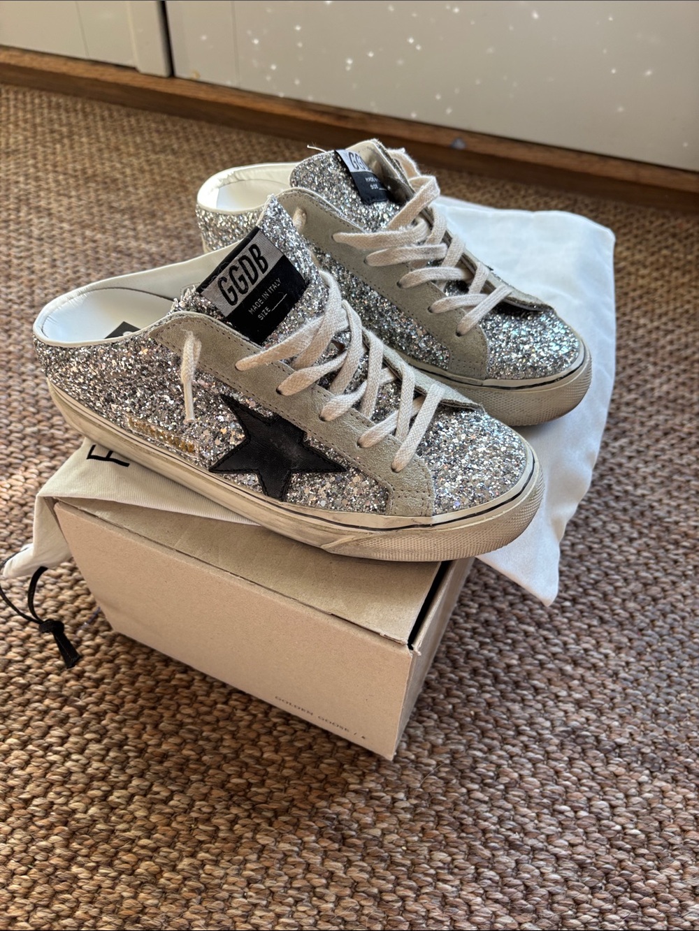 Golden Goose Silver Glitter Slide Sneaker with Black Star